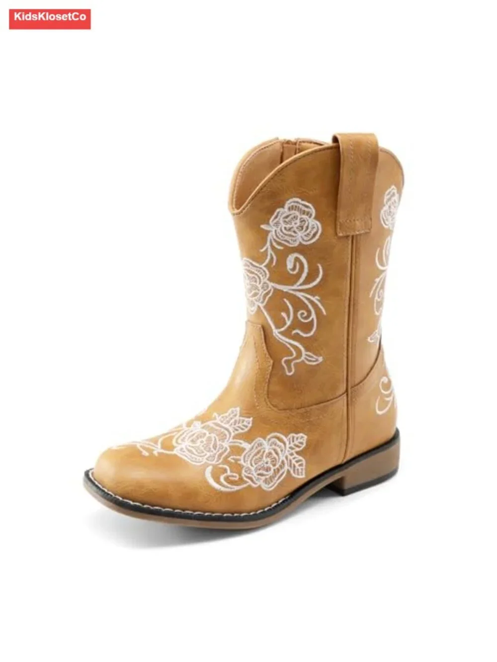 Girls Floral Embroidered Square Toe Mid Calf Cowboy Boots with Side Zipper
